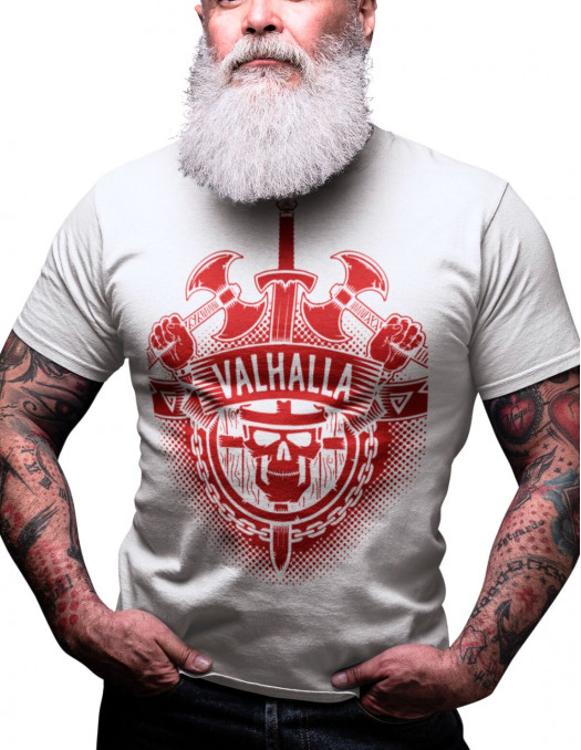 Valhalla White N Red Front T-shirt by Nordic Worlds Premium Cotton